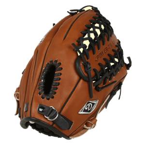 Side view of a brown baseball glove with black lacing and POWER-TRAP text.