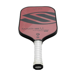 Front view of a red pickleball paddle with a black S-shaped graphic and VANGUARD text.