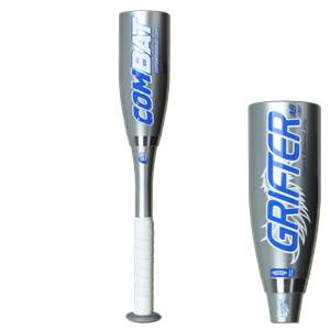 Front view of a silver baseball bat with blue COMBAT logo and white grip.