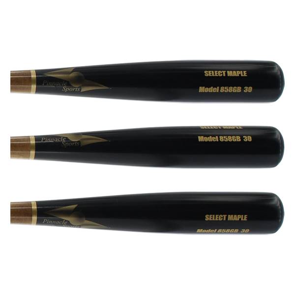Top-down view of three black baseball bats with gold Pinnacle Sports logos and SELECT MAPLE Model 858GB 30 text.