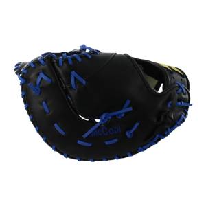 Front view of a black first base mitt with blue stitching and McCool text.