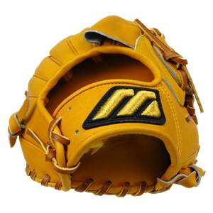 Front view of a tan baseball glove with a gold and black Mizuno logo and tan lacing.