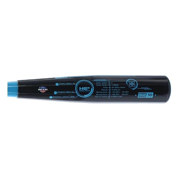 Side view of a black baseball bat with blue accents, HELIUM logo, and BBCOR 50 text.