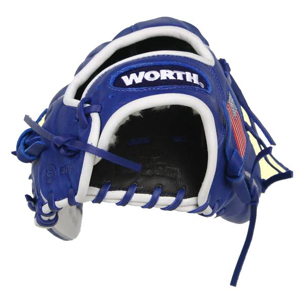 Front view of a royal blue baseball glove with white trim, WORTH logo, and American flag detail.
