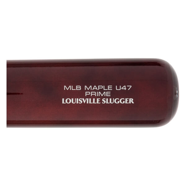 Close-up of the barrel of a glossy dark red baseball bat with MLB MAPLE U47 PRIME LOUISVILLE SLUGGER in white.