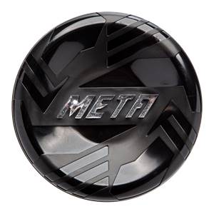 Top-down view of a black baseball bat with a silver META logo and geometric accents.