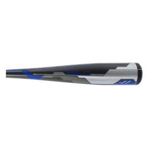 Side view of a black baseball bat with blue and silver accents, VELO text, and -11 marking.