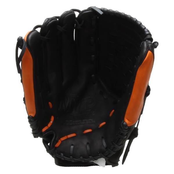 Front view of a black and orange baseball glove with orange stitching and Mizuno branding.