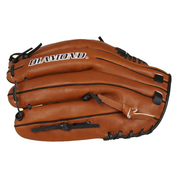 Top-down view of a brown baseball glove with black lacing and DIAMOND text.