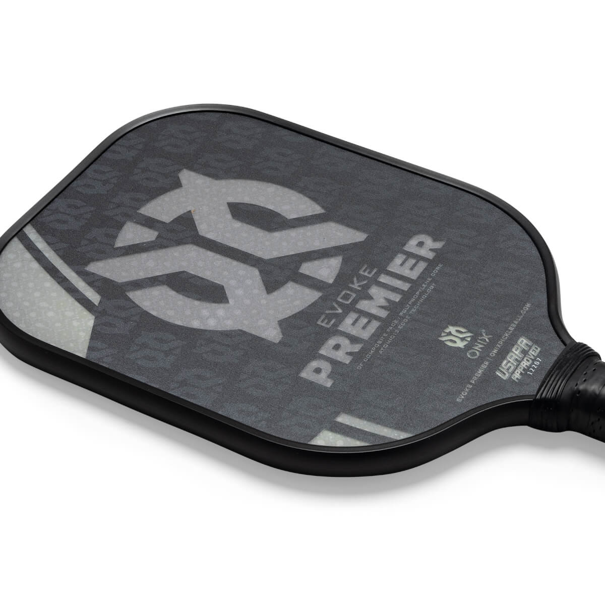 Corner view of a black pickleball paddle with EVOKE PREMIER text and a large grey logo.