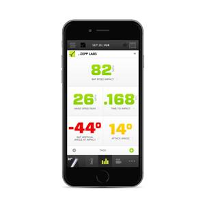 Front view of a black smartphone displaying Zepp Labs baseball swing data including bat speed, hand speed, and attack angle.
