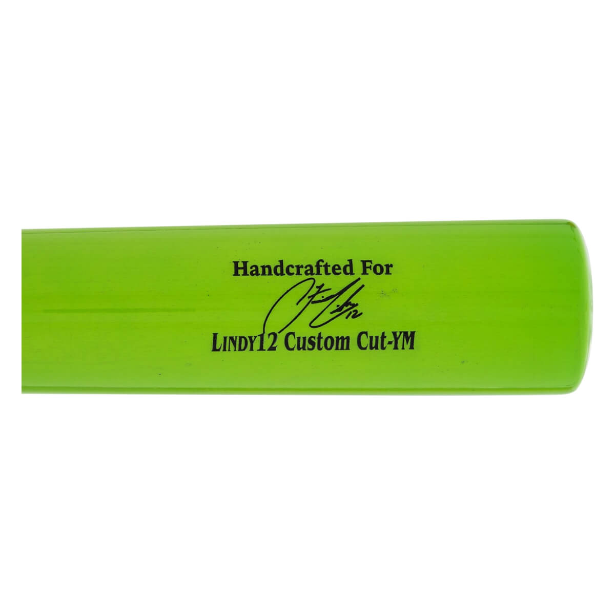 Close-up of a bright green baseball bat barrel with Handcrafted For, a signature, and LINDY12 Custom Cut-YM text.