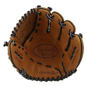 Top-down view of a brown Louisville Slugger youth baseball glove with GEN1050BM and 10.5 inches visible.
