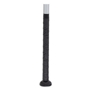 Close-up of a black softball bat grip with a floral pattern and a silver handle.