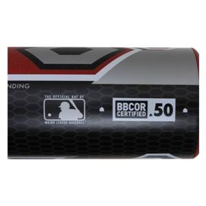 Side view of a black baseball bat with MLB and BBCOR .50 Certified logos.