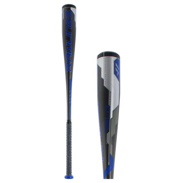 Side view of a black baseball bat with blue Rawlings branding and a textured grip.