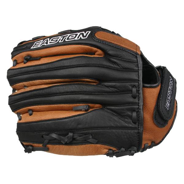 Side view of a brown and black Easton baseball glove with a velcro strap and stitched finger stalls.