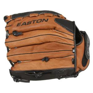Front view of a brown baseball glove with black Easton branding and lacing.