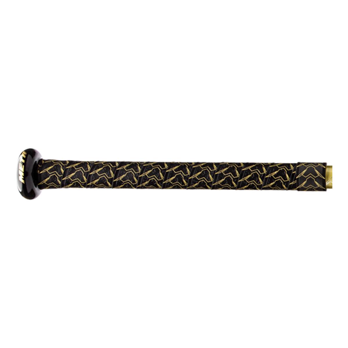 Side view of a black baseball bat with a gold patterned grip and MET logo on the knob.