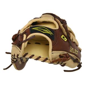 Front view of a brown and tan baseball glove with GLOVESMITHS and SELECT branding.
