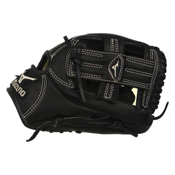 Side view of a black baseball glove with white stitching and a Mizuno logo.