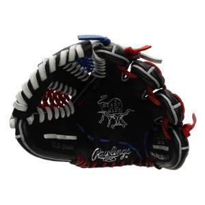 Side view of a black baseball glove with white, red, and blue lacing and Rawlings logo.
