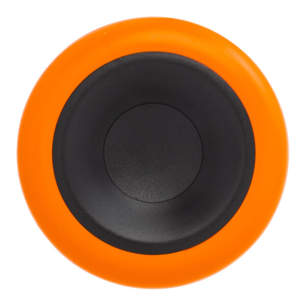 Top-down view of an orange baseball bat end cap with a black circular insert.