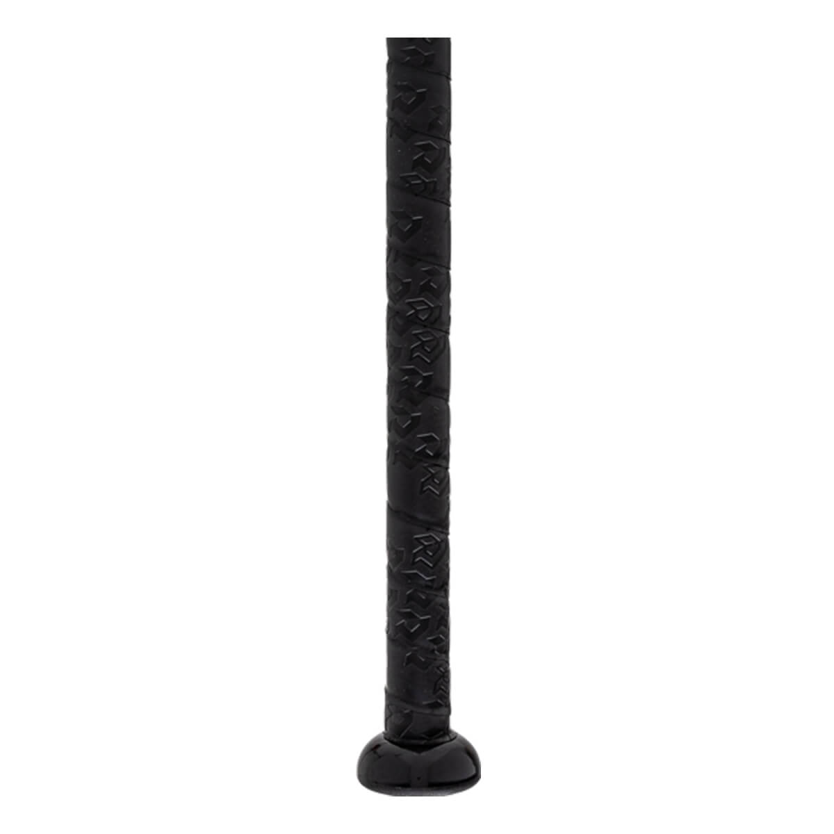 Close-up of a black fastpitch softball bat grip with a repeating pattern and a rounded end cap.
