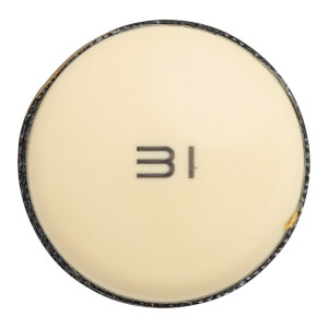 End view of a cream baseball bat end cap with black trim and 31 printed on it.