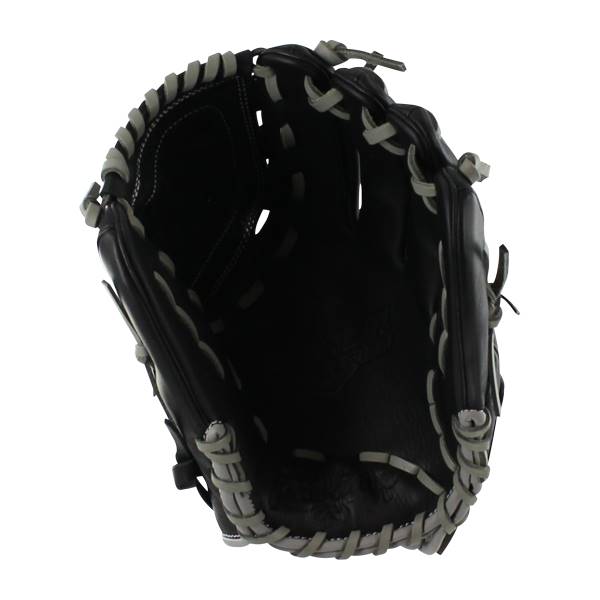 Top-down view of a black baseball glove with grey lacing and a deep pocket.