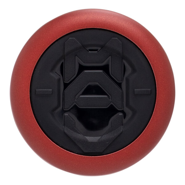 Top-down view of a red baseball bat end cap with a black MA logo.