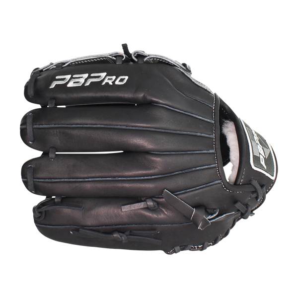 Front view of a black baseball glove with PBPRO branding and white stitching.