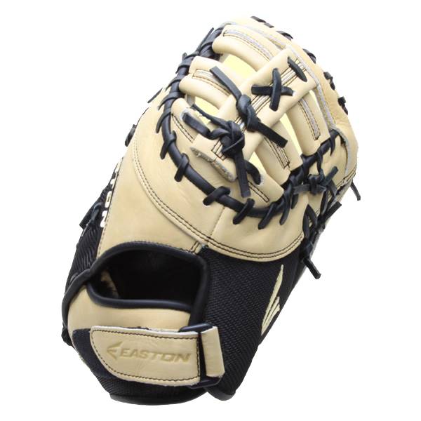 Top-down view of a tan and black first base mitt with black lacing and an Easton logo.