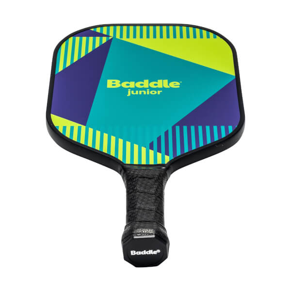 Front view of a Baddle Junior pickleball paddle with a geometric design and black grip.