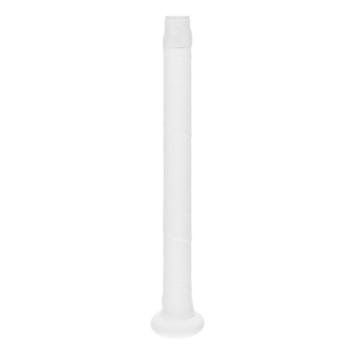 Full view of the white baseball bat handle with wrapped grip tape and a flared knob at the bottom.