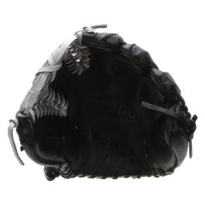 Inside view of a black baseball glove with white lacing and A2000 embossed on the palm.