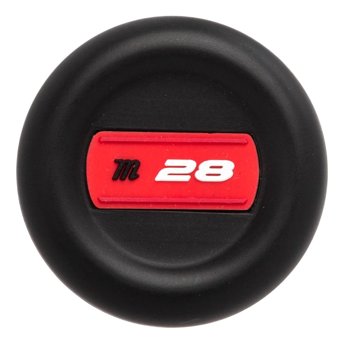Top-down view of a black baseball bat end cap with a red insert showing a black m and white 28.