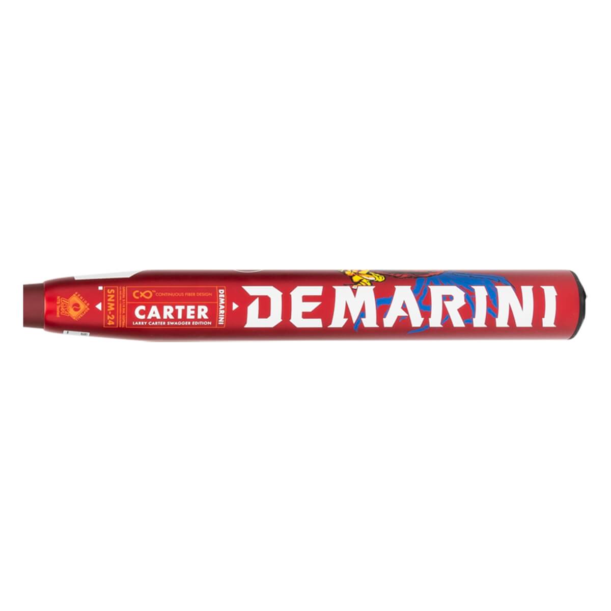 Side view of a red DeMarini softball bat with large white DEMARINI text, blue accents, and CARTER signature.