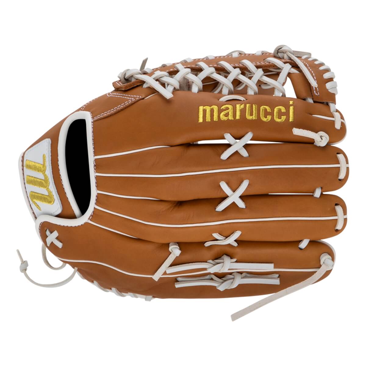Back view of a tan baseball glove with white laces, featuring a gold marucci logo on the finger and a white wrist strap with a gold logo.