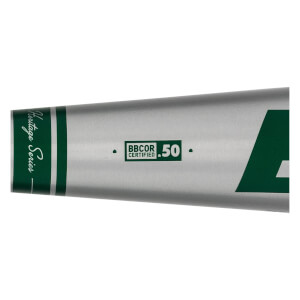 Side view of a silver baseball bat with green Heritage Series text and BBCOR CERTIFIED .50 label.