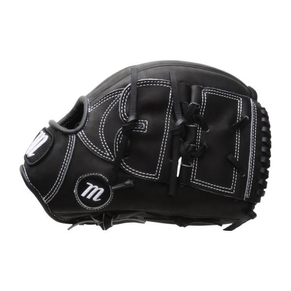 Side view of a black baseball glove with white stitching and a Marucci m logo.