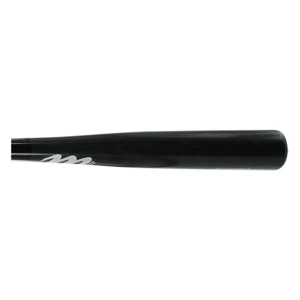Side view of a black baseball bat with white Marucci logo.