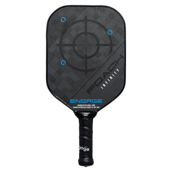 Front view of a black pickleball paddle with a target design, POACH INFINITY text, and ENGAGE logo.