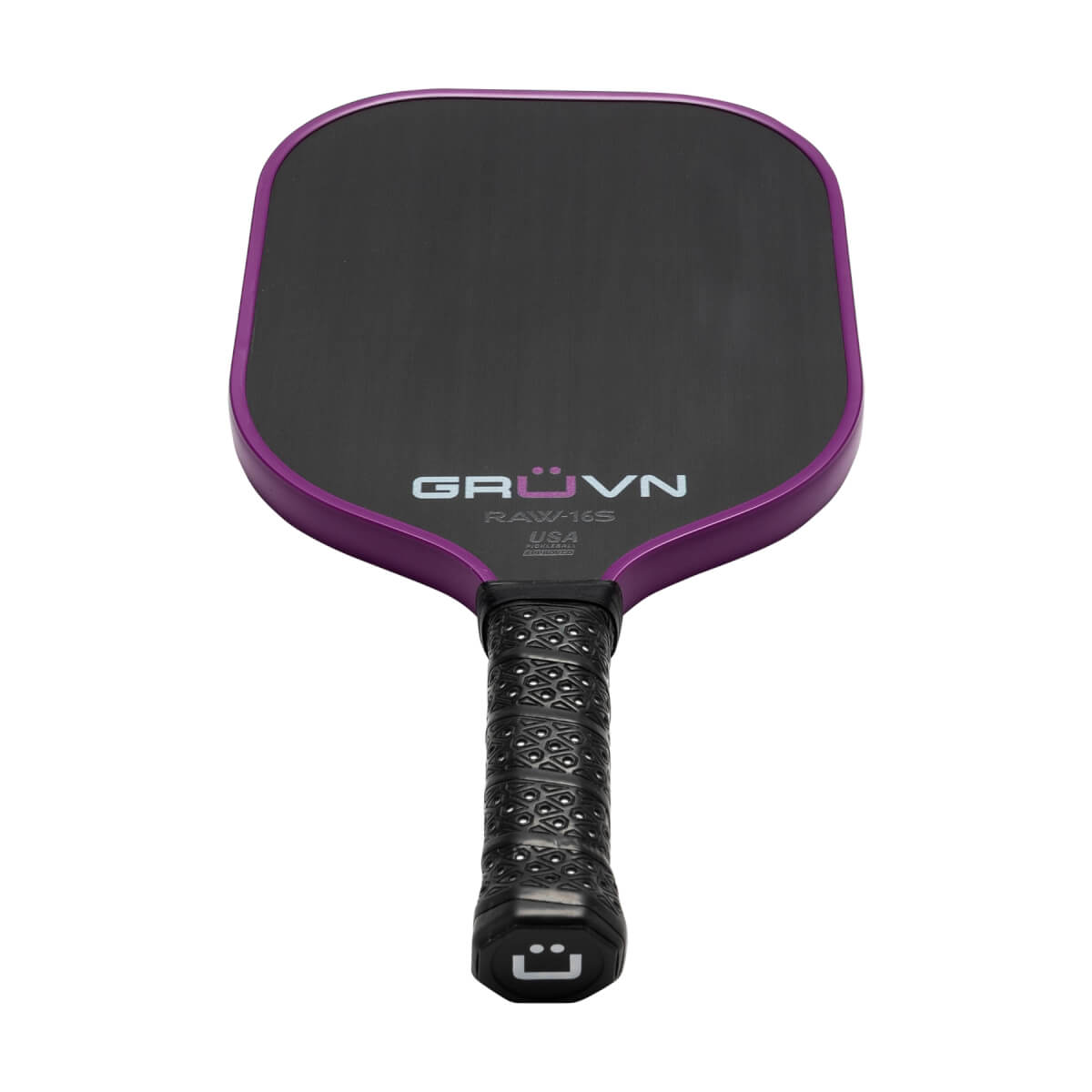 Front view of a purple pickleball paddle with GRUVN RAW-16S USA branding and a textured grip.