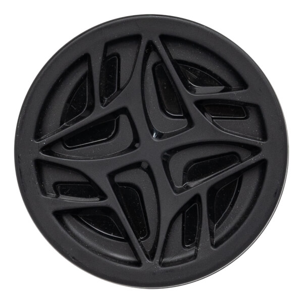 Top-down view of a black bat end cap with a circular shape and a glossy, interconnected geometric pattern.