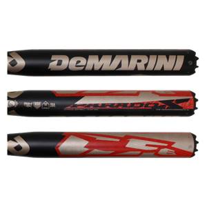 Side view of a black DeMarini CF6 Fastpitch Softball Bat with red and silver graphics.