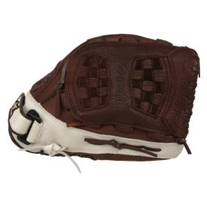 Top-down view of a brown and white softball glove with a woven pattern and Mizuno branding.