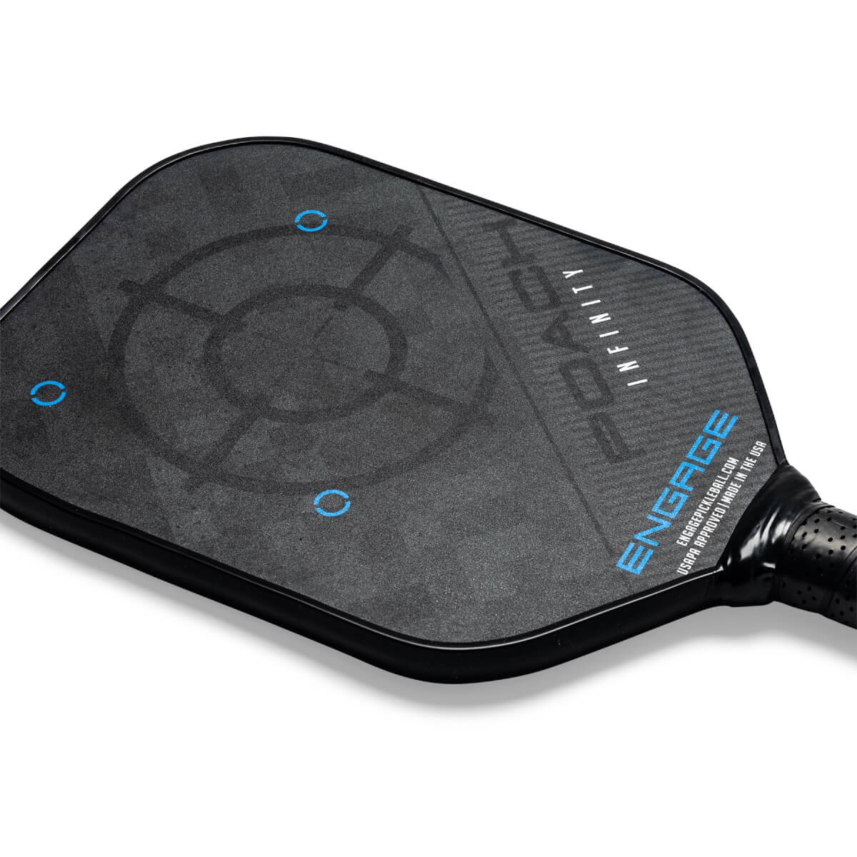Top-down view of a black pickleball paddle with POACH INFINITY and ENGAGE text, and a target design.