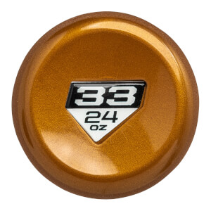 Top-down view of a metallic bronze bat end cap with a black and white emblem showing 33 and 24 OZ.