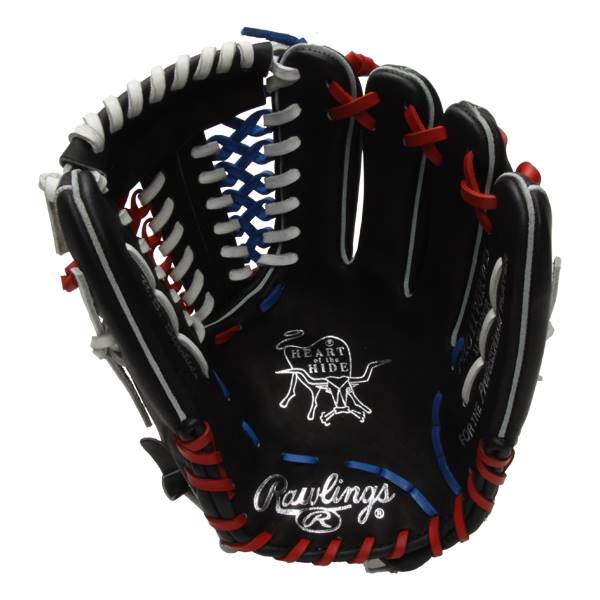 Front view of a black baseball glove with red, white, and blue lacing and a silver Rawlings logo.